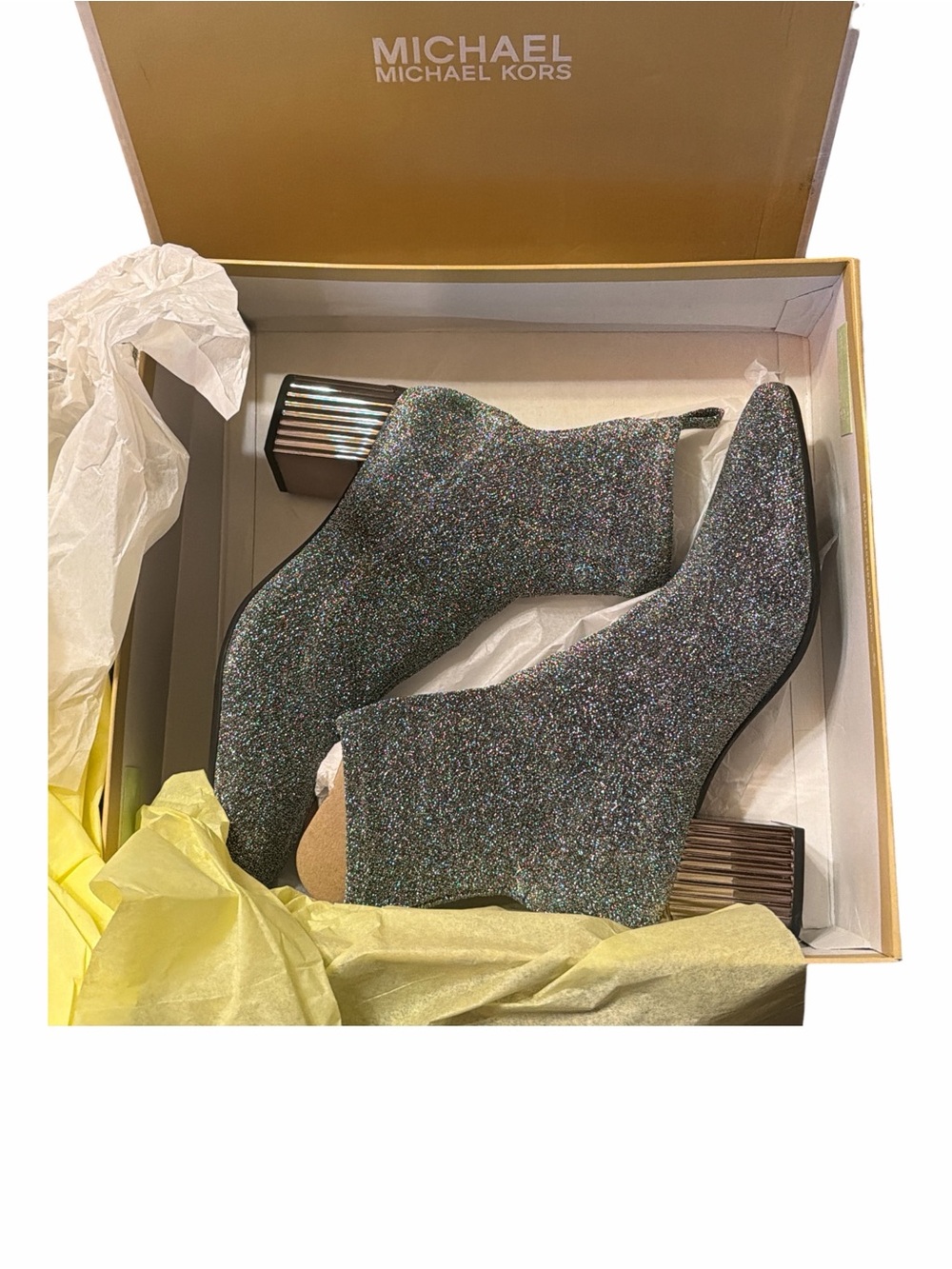NIB MICHAEL Michael Kors Glitter Block Heel Ankle Booties - Size 9